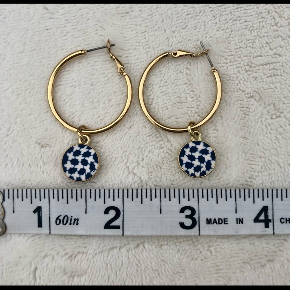 Japanese Hoop Earrings Dangle Gold with Blue and White Round Emblems - Picture 6 of 7